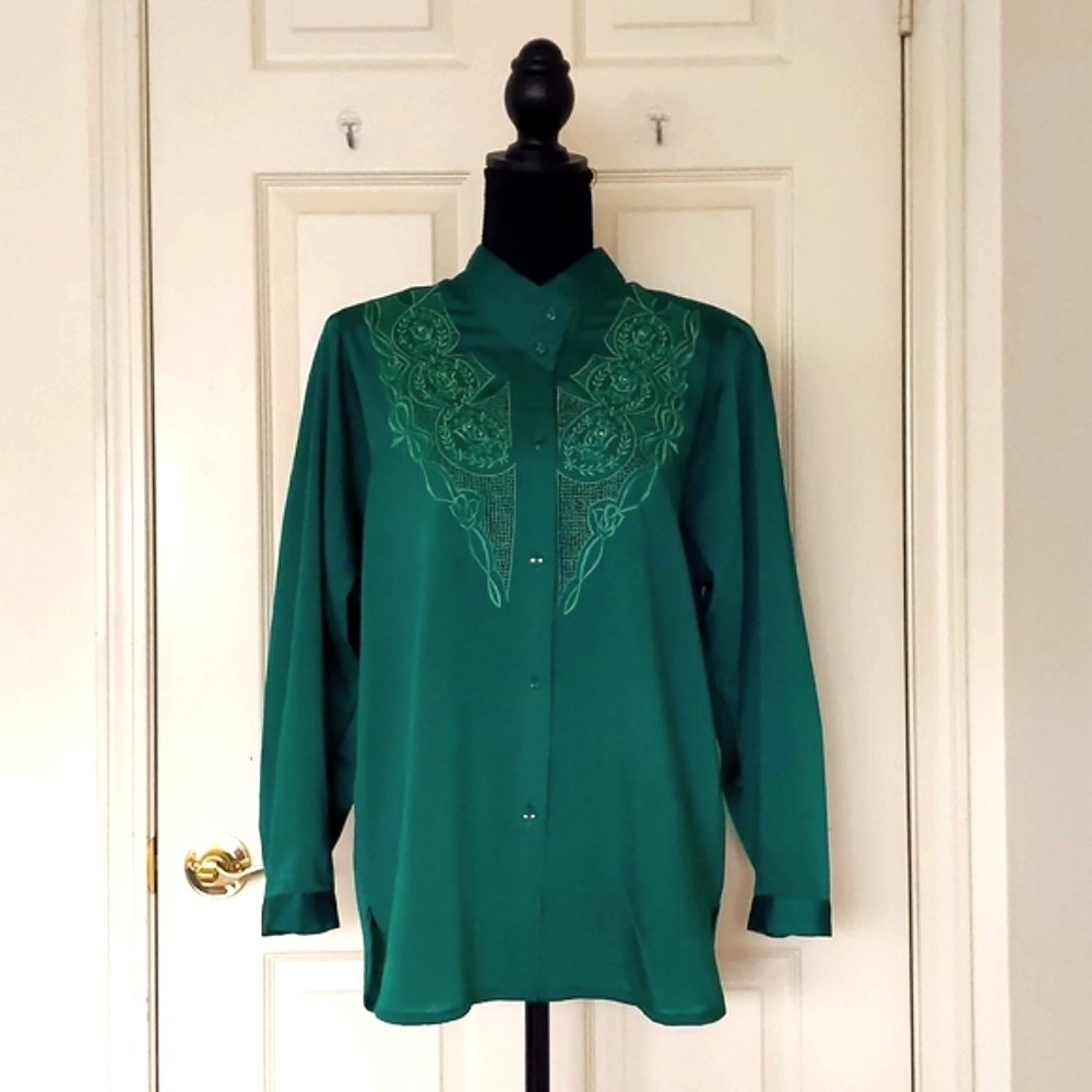 NWOT. Green Embroidery w/Crystals Puffy Shoulder Long Sleeve Button Down Shirt.